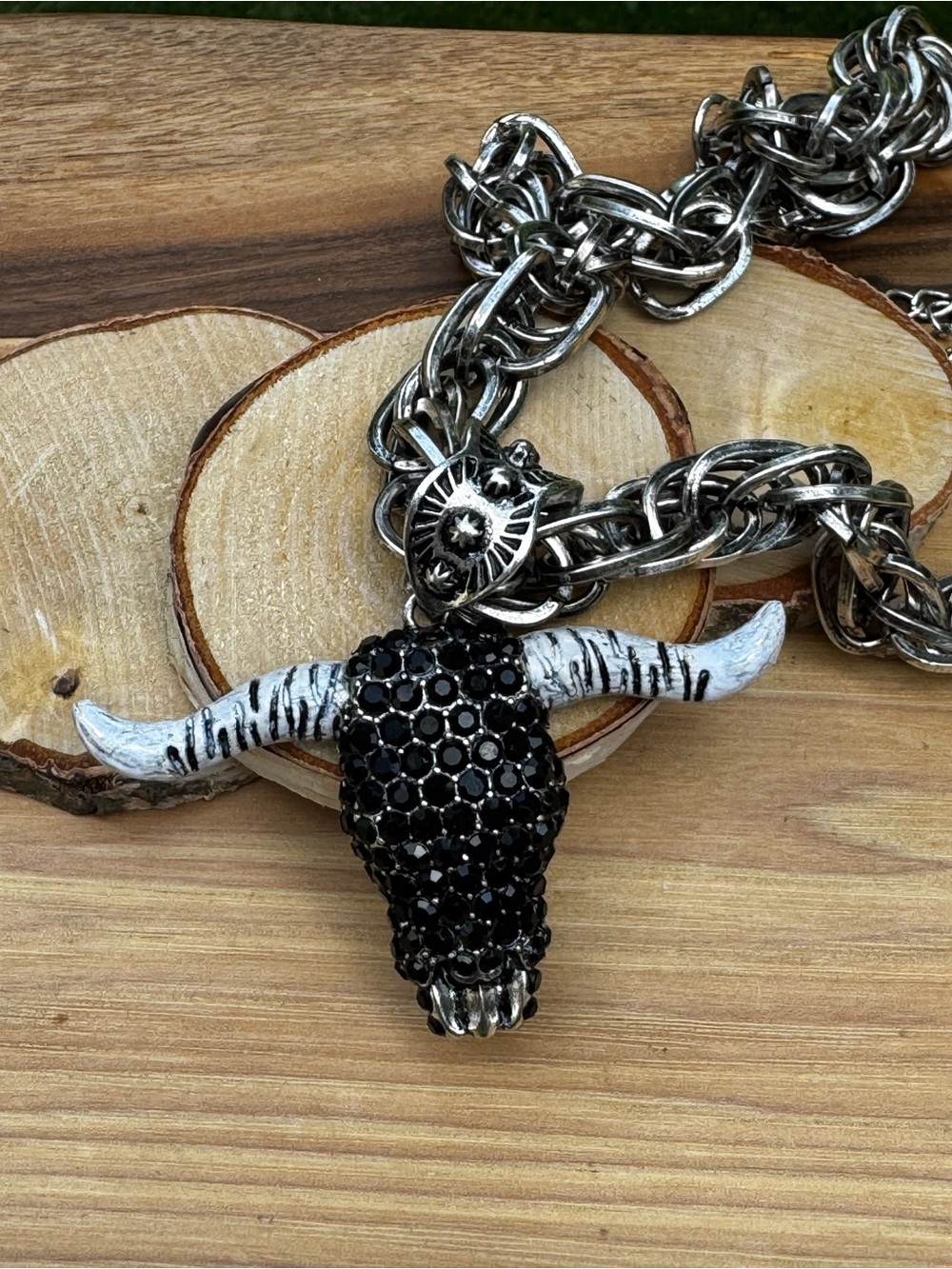 Longhorn Skull Pendant Necklace – 18” Chain – black Gemstone Western Jewelry